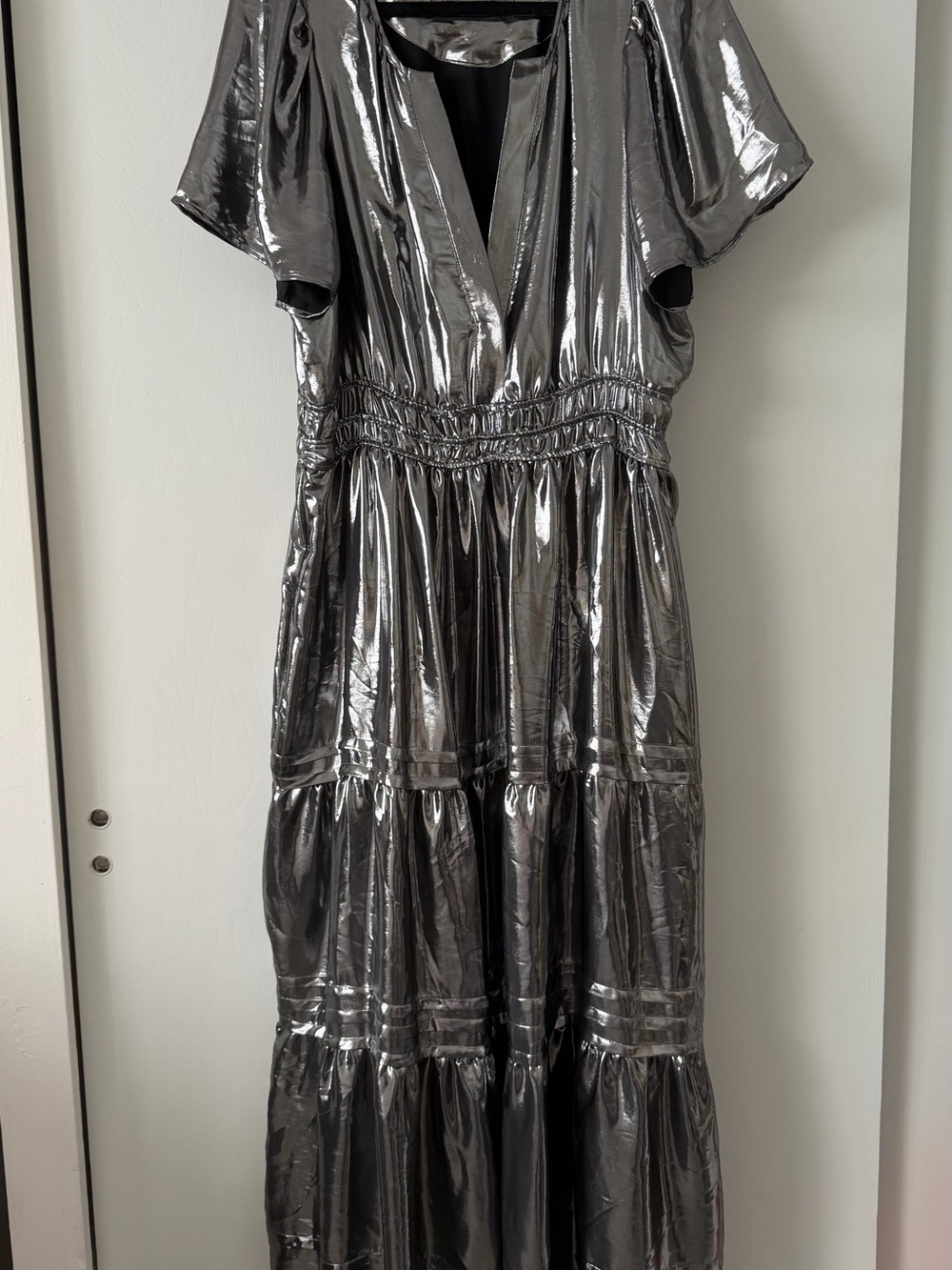 Anthropologie Metallic Silver V-Neck Tiered Maxi Dress